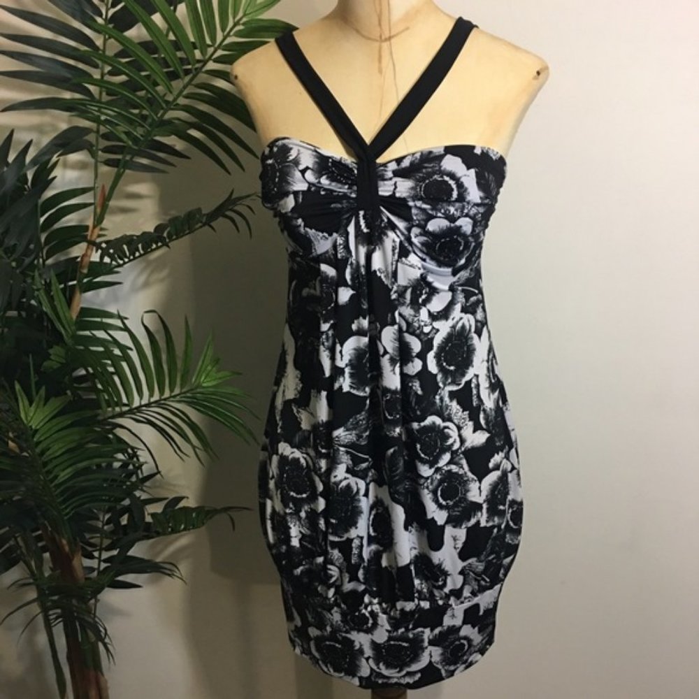 Women’s Kiwi Dress Neck Tie Design Floral Print Blk White Sz M #333